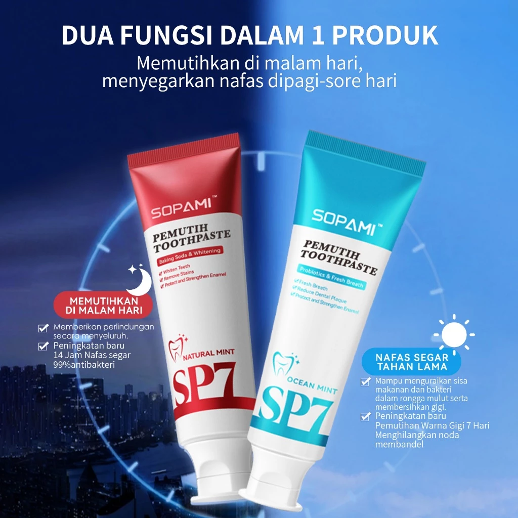 Paket combo SOPAMI SP7 Pro terdiri dari pasta gigi Ocean Mint dan Daun Mint masing-masing 120g