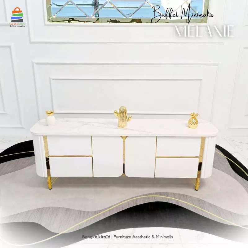 Meja TV Aesthetic Meja Buffet Minimalis - MEJA MELANIE - 160cm 4 Laci Kayu Solid Duco Glossy