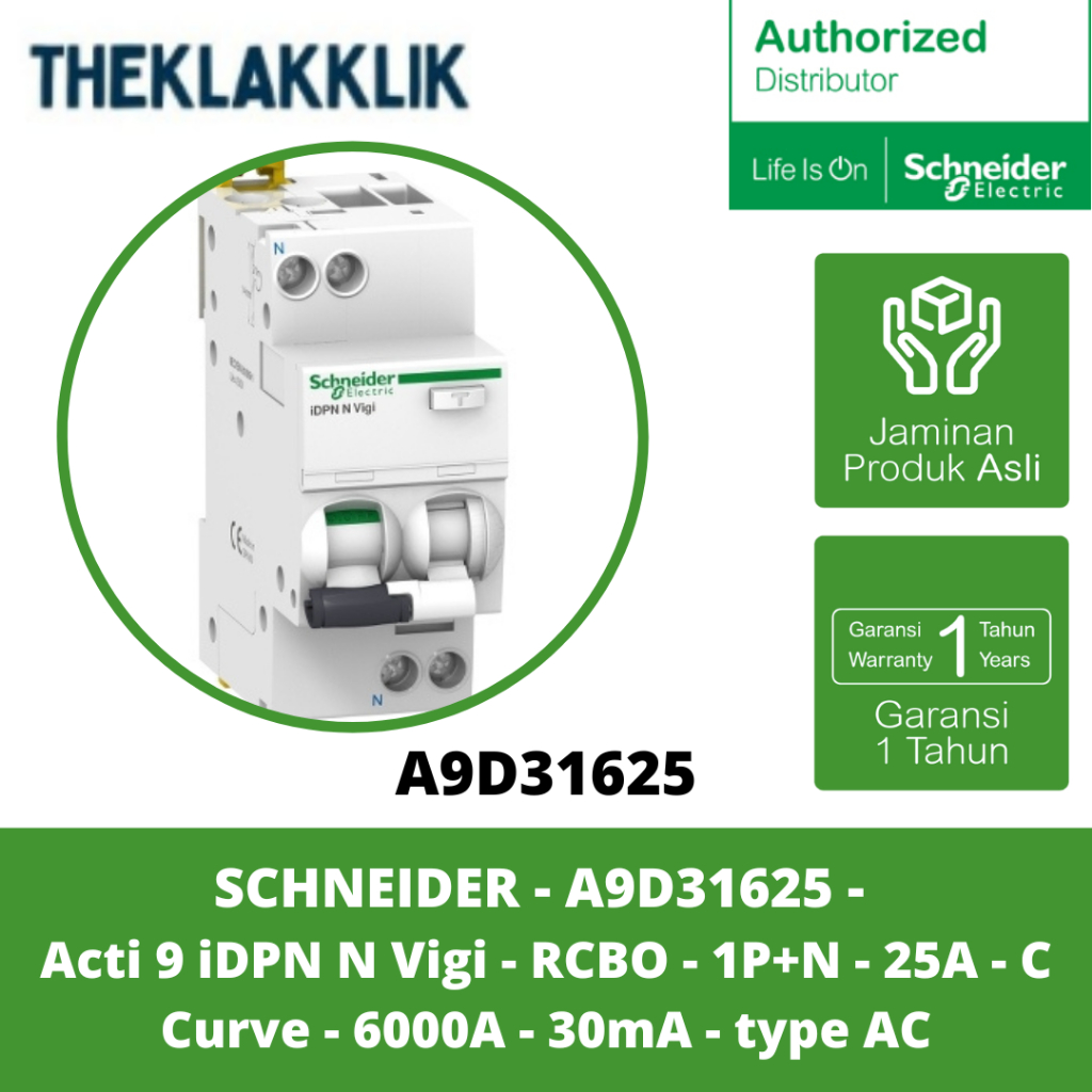 Jual SCHNEIDER - A9D31625 - Acti 9 iDPN N Vigi - RCBO - 1P+N - 25A - C ...