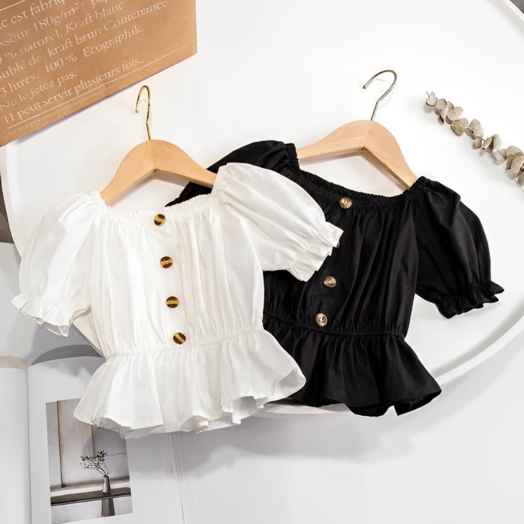 Baju anak perempuan Blues Sabrina umur 1 - 8 Tahun | Atasan Kerut Anak  Cewek Lengan Balon Pendek