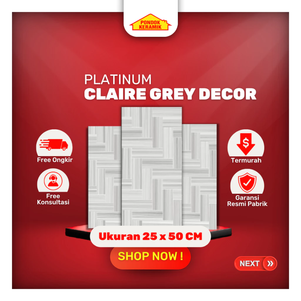 Keramik Dinding Platinum 25x50 Claire Deco Grey Glossy Motif Anyam