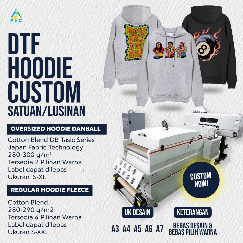 Jual HOODIE SWEATER CUSTOM SATUAN/LUSINAN SABLON DTF FHC PREMIUM