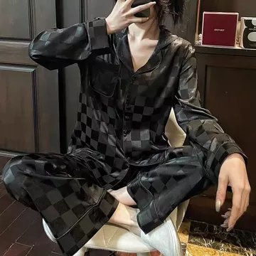 Baju Tidur Piyama Satin Premium Wanita Lengan Panjang Kotak Polos Korean Style