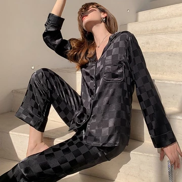 SATIN SERIES Aisha Long Sleepwear Setelan Piyama Satin Kotak Elegan Baju Tidur Wanita Dewasa
