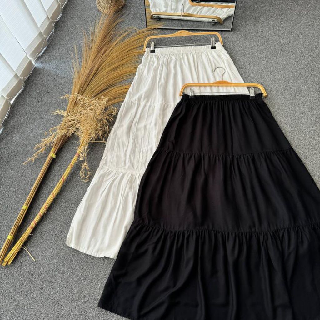 Jual Rok Ruffle Skirt 3 Susun Rok Panjang Wanita Rayon Twill Skirt ...