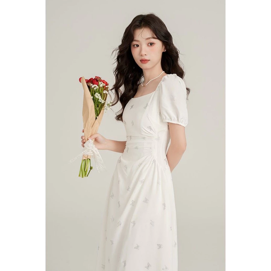Dress Leher Persegi Motif Kupu-kupu Metalik