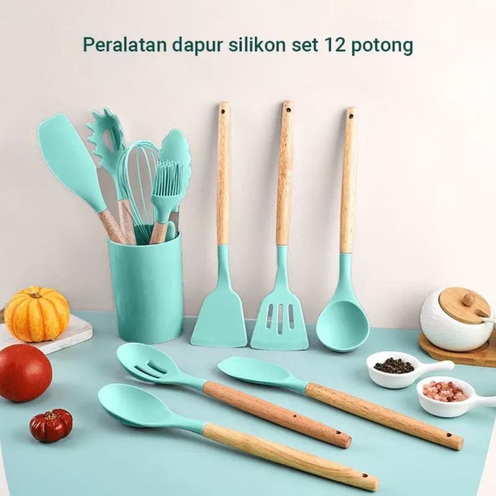 Spatula Set Alat Dapur Silikon Sutil Silicone Kitchen Set Spatula 12in1 Tahan Panas Free Wadah