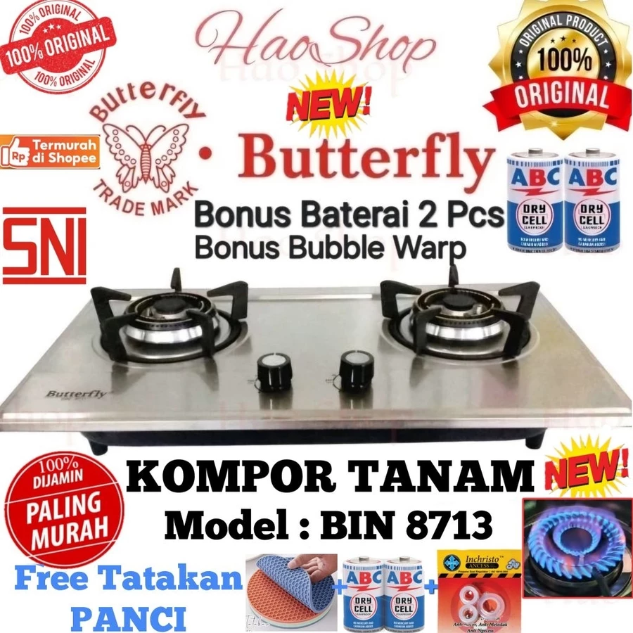 [BONUS] KOMPOR TANAM GAS 2 Tungku Butterfly Garansi Resmi Bisa COD GOJEK Stainless Premium Api Biru Besar Stainless Steel Safety Gas Free Baterai Free Karet LPG Free Tatakan Panci Gelas Kaca SNI Murah Kualitas Sejenis Niko Rinnai Quantum Progas Modena