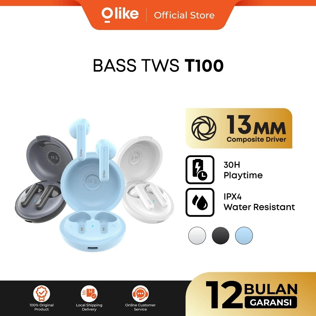 OLIKE Wireless Earphone Earbuds TWS T100 Bass Max Bluetooth 5.3 30H IPX4 Black - Garansi Resmi 1Tahun
