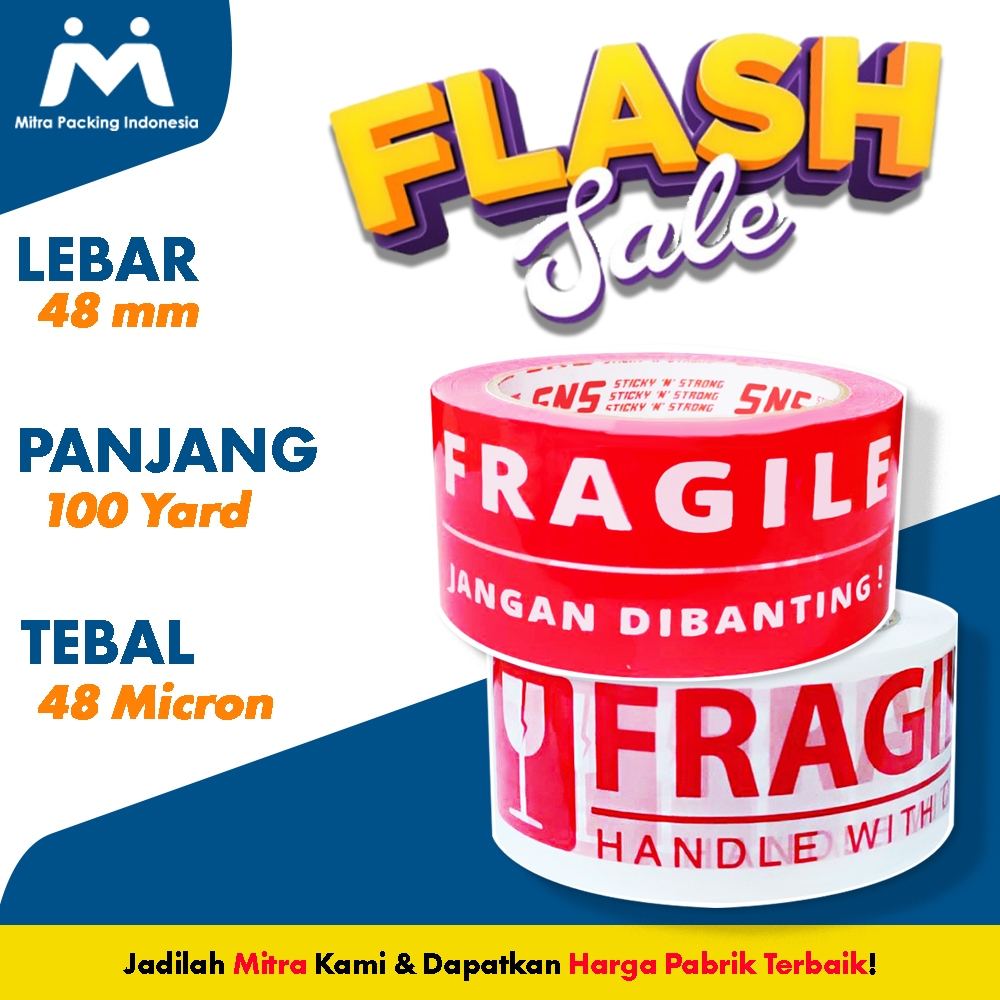 Jual Lakban Fragile Merah/Putih 100 Yard x 48 mm SNS (Sticky N Strong ...