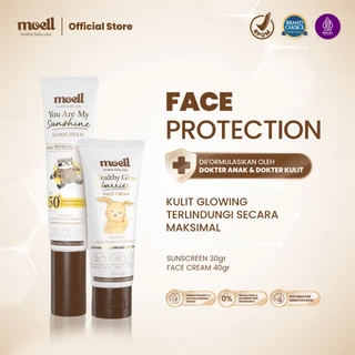 Moell Face Protection Sunscreen 30ml & Face Cream 40ml - Physical Sunscreen With SPF 50(+) PA(++++) - Face Cream With Face Cream With Plant Based Probiotics Organic Avocado Oil 10x Hyaluronic Acid - Perawatan Wajah Bayi & Anak