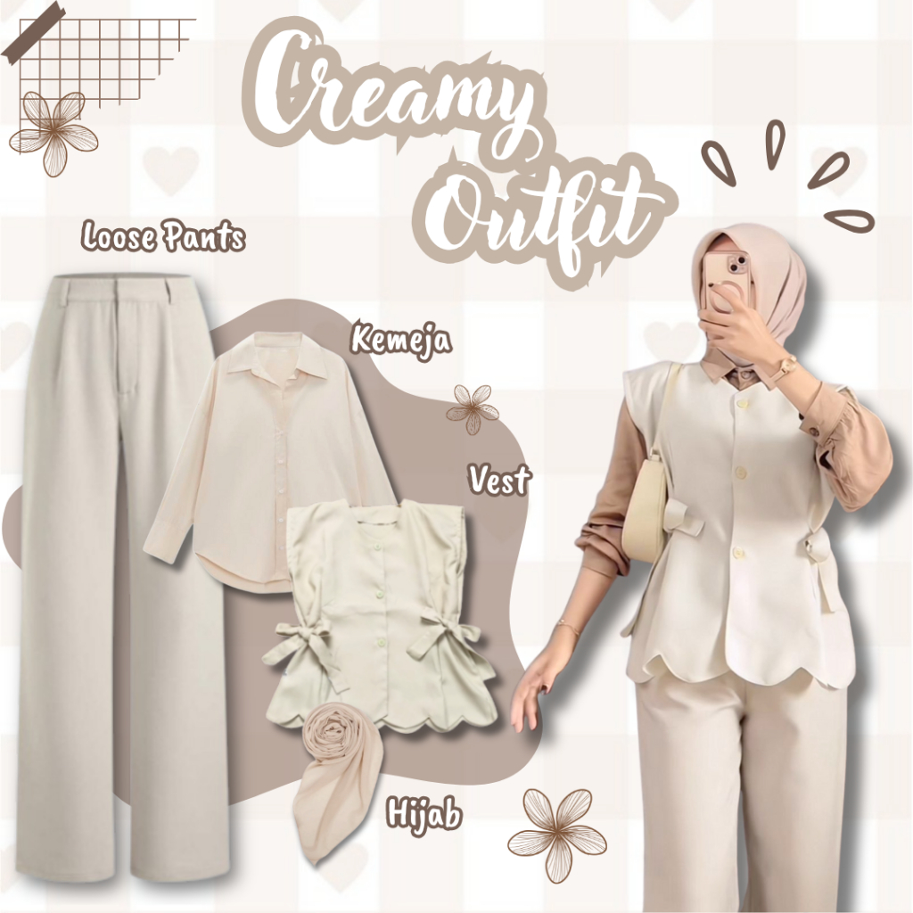 Jual Oneset Casual Wanita 4in1 Creamy Outfit ( Kemeja Basic Cream ...