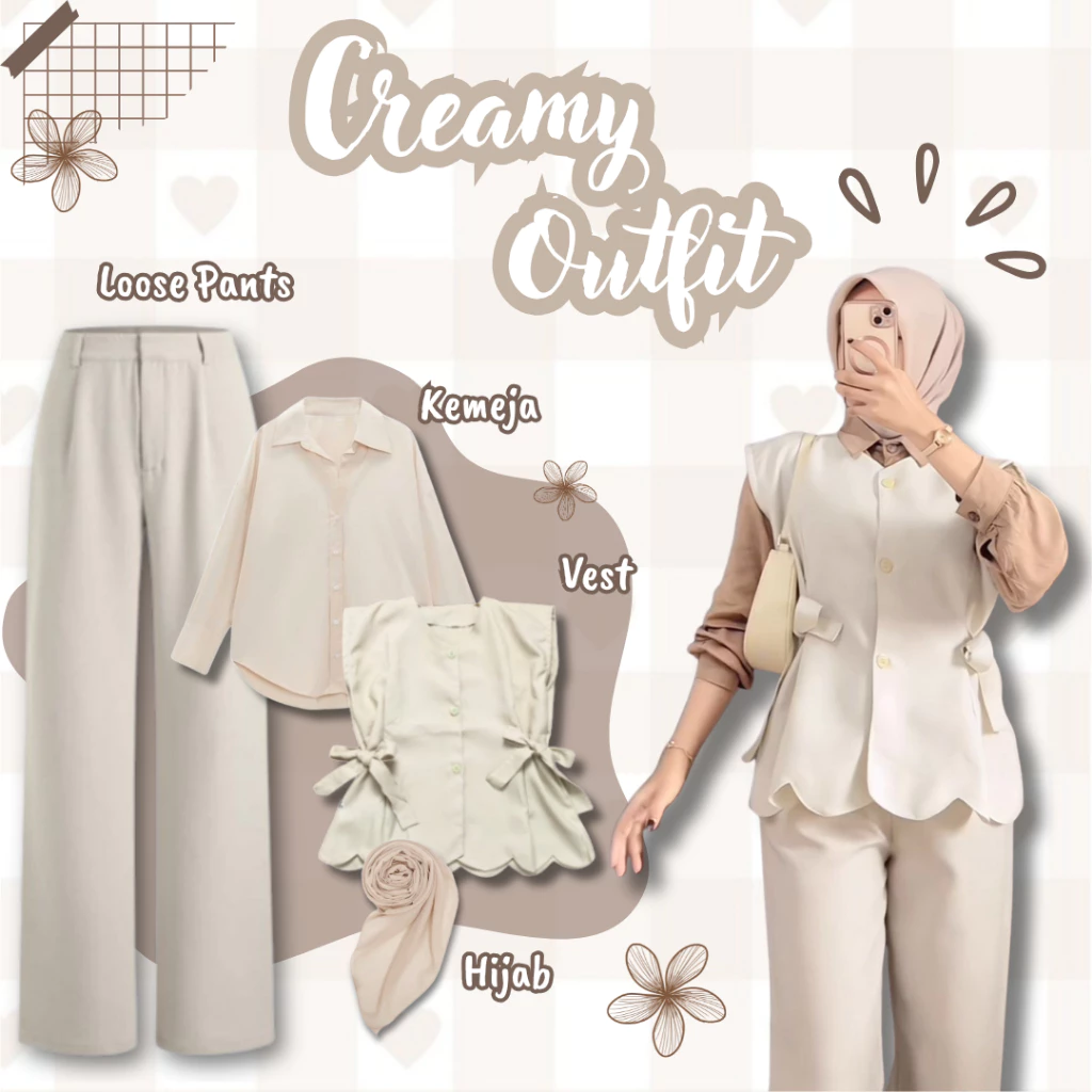 Oneset Casual Wanita 4in1 Creamy Outfit ( Kemeja Basic Cream + Cherish Vest Rompi Ivory + Loose Pants Jennie Knit Ivory + Hijab Bella Square Segiempat ) Setelan Clean Simple Chic Kekinian Selebgram – BE232