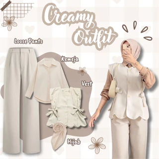 Oneset Casual Wanita 4in1 Creamy Outfit ( Kemeja Basic Cream + Cherish Vest Rompi Ivory + Loose Pants Jennie Knit Ivory + Hijab Bella Square Segiempat ) Setelan Clean Simple Chic Kekinian Selebgram – BE232