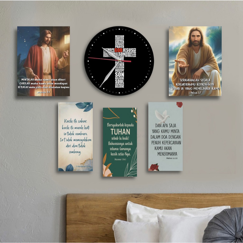 Jam Dinding Estetik gambar Salib - Hiasan Dinding Kristen Dekorasi Katolik Poster Yesus SET Ayat Alkitab