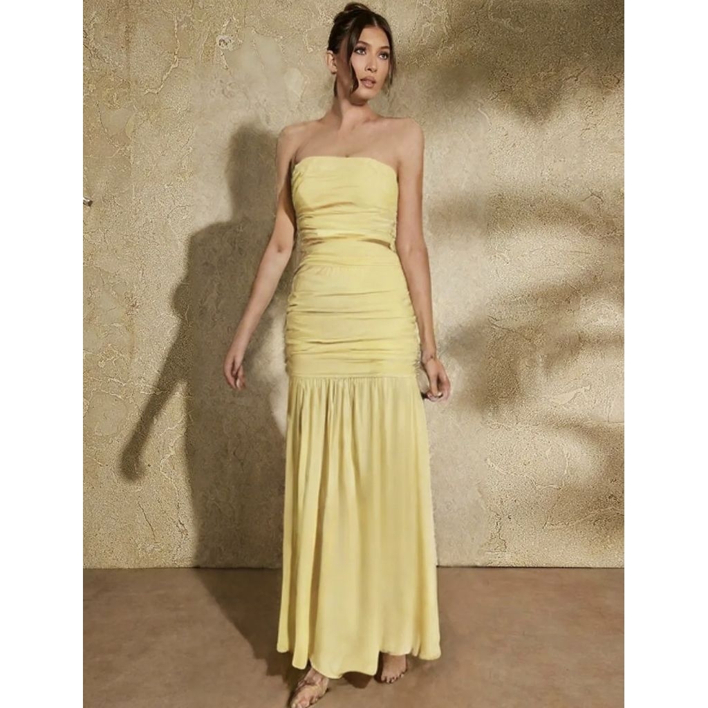 Jual Two Piece Dress Kuning Pastel – Model Rok Layered & Crop Top (AC ...