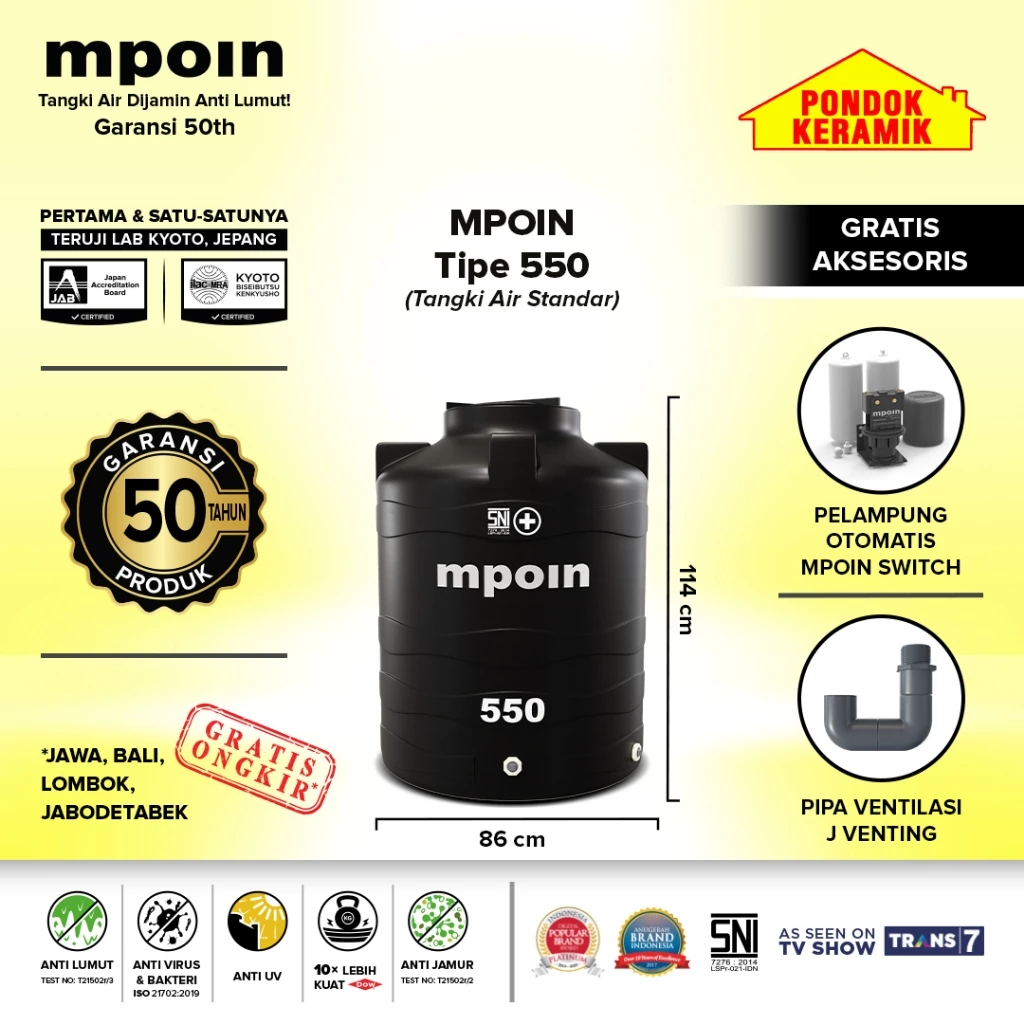 Tandon Mpoin Plus Wave 550 L Tangki Tandon Air Toren Anti Lumut Garansi 50 Tahun