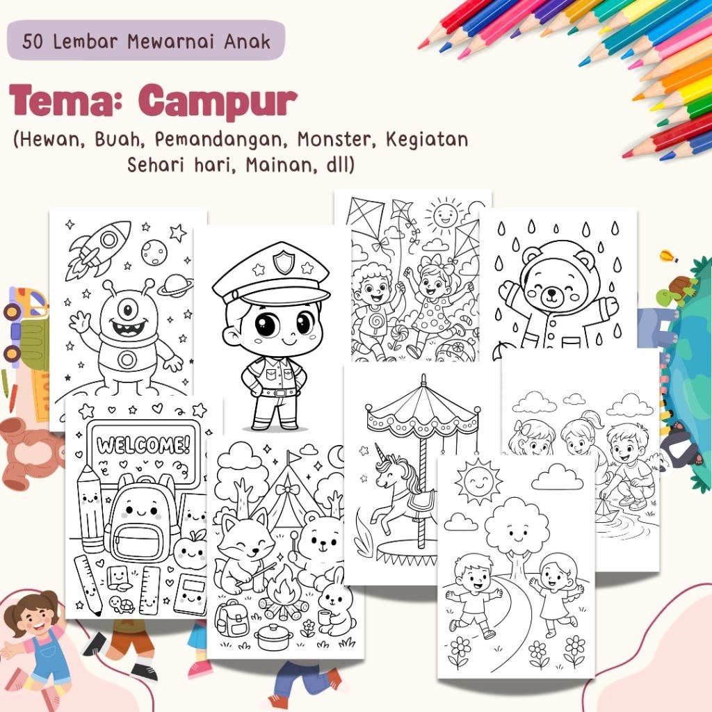 Jual TERMURAH!! 50 Lembar Mewarnai Anak Tema KOMPLIT / MIX (MONSTER ...