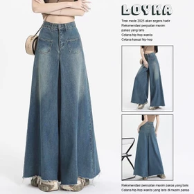 Loyka Plus Size Celana Jeans Cewek Wide Leg Highwaist Kulot Fashion Loose Biru Celana Baggy