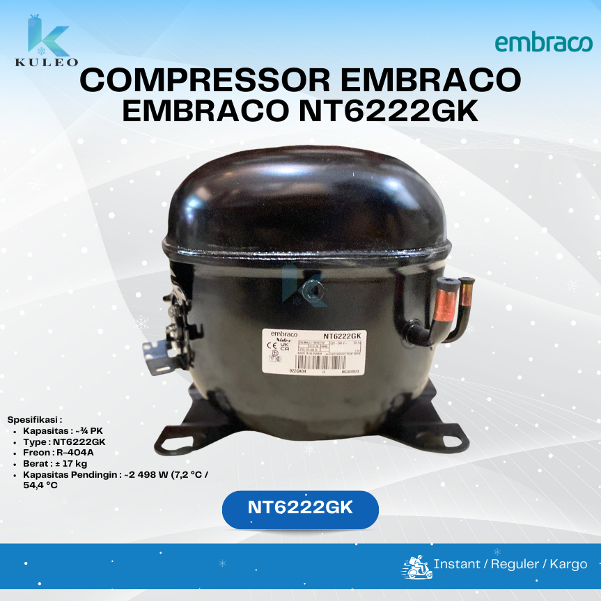 Produktbild von Embraco Aspera NT6222GK – Gaskompressor R404A/R507, 1 PS, 17,4 Cm³, CSR BOX