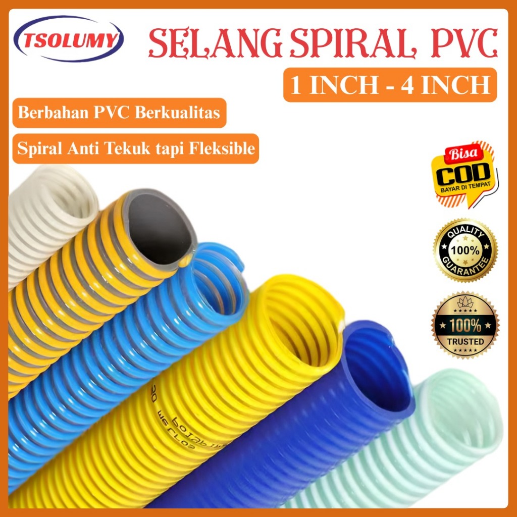 TSOLUMY Selang Spiral PVC Tebal 1", 1.5", 2", 2.5", 3", 4" Inch Per Meter Selang Hisap Dorong Pompa Air Kuat Anti Kempes Heavy Duty