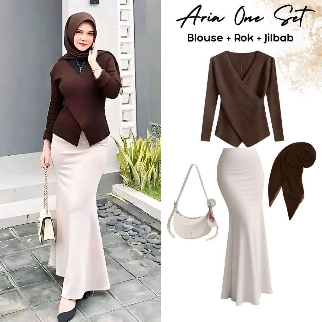Jual one set 3in1 blouse rajut v neck + rok duyung scuba + bellasquare ...