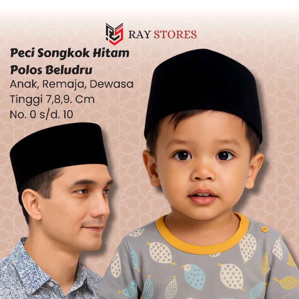 Ray Peci Kopiah Songkok Hitam Polos AC Bahan BLUSDRU Tinggi 9 Anak Pria Dan Dewasa