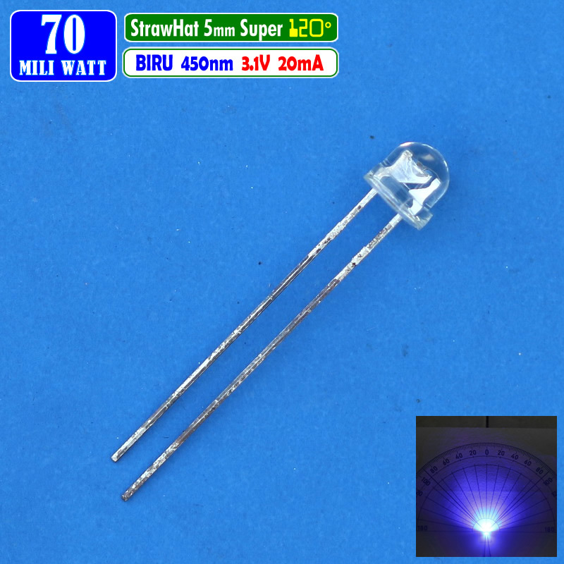 Jual Led Straw Hat 5mm Biru Super Bright 440nm 450nm 120 Derajat DIP 2 ...