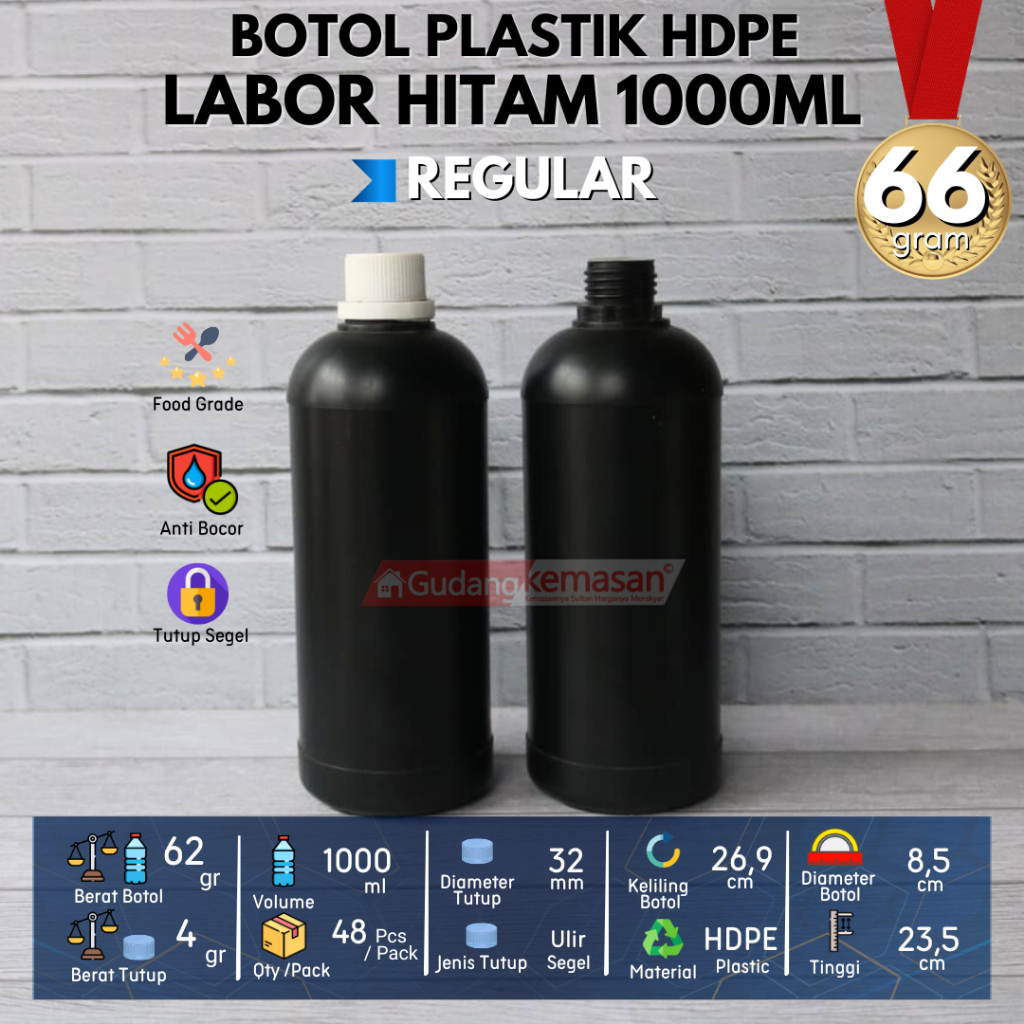 Jual BOTOL PLASTIK HDPE LABOR HITAM 1LITER 1000ML TUTUP WARNA WARNI ...