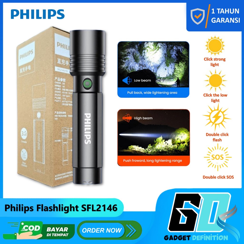 Jual Philips SFL2146 Senter LED Zoom In Zoom Out Flashlight ...
