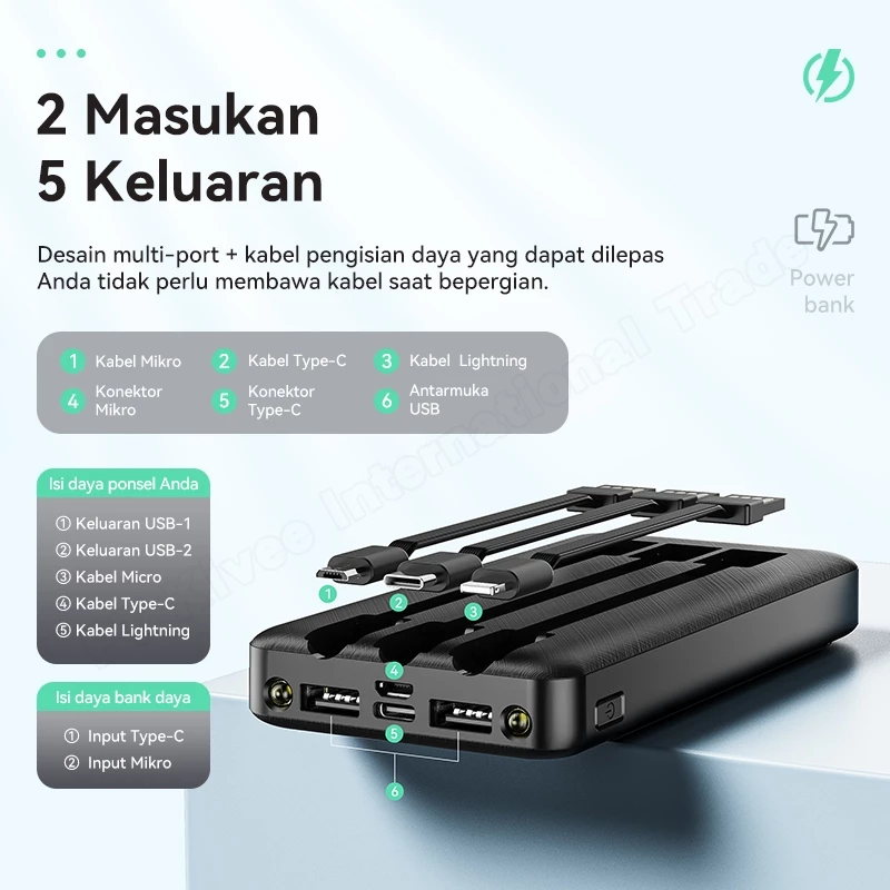KIVEE Powerbank 10000 mAh Murah Mini with Kabel Data lightning Type C Micro Original