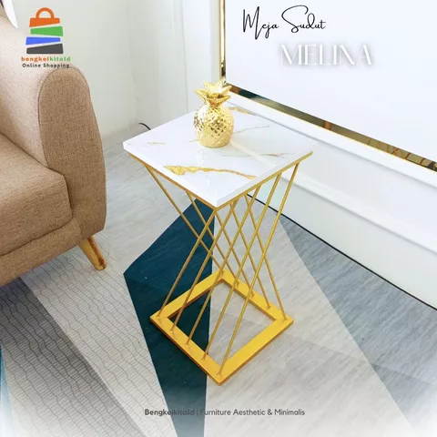 Meja Sudut Aesthetic Meja Kotak Samping Sofa - MEJA MELINA - Besi Beton Holo 2x4 Marmer