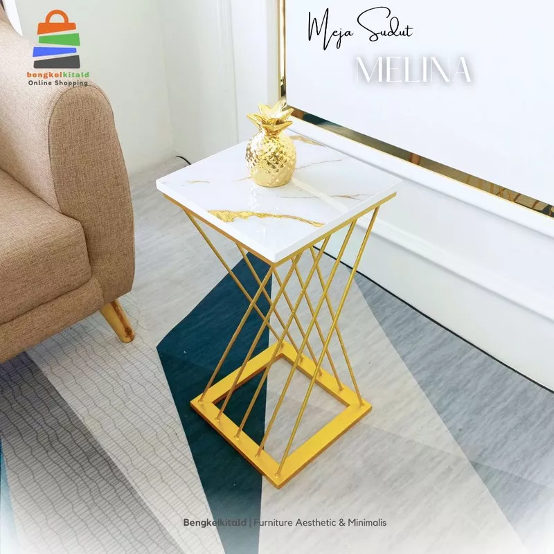 Meja Sudut Aesthetic Meja Kotak Samping Sofa - MEJA MELINA - Besi Beton Holo 2x4 Marmer