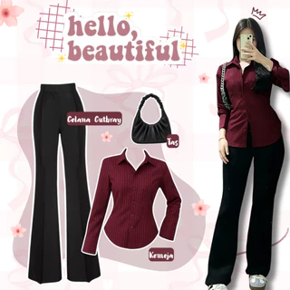Set 3in1 Wanita Maroon ( Luna Stripe Kemeja Fitted + Celana Cutbray Scuba Slim + Shoulder Bag Kerut Black ) One Set Wanita Hijab Kekinian Korean Style OOTD Cewek Dewasa Look Elegan & Mewah Outfit Cewek Simpel – BE205