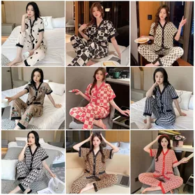 Cessy Piyama Wanita Import Bahan Satin Premium Lengan Pendek Celana Panjang Full Kancing Pearl