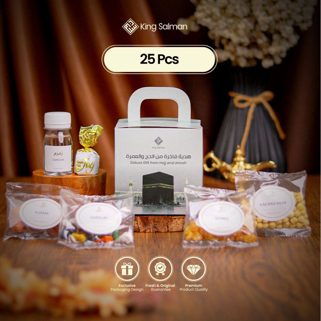 King Salman – SHAFA GREY Gable Box Isi 25 Pack | Oleh Oleh Haji & Umroh Premium Lengkap l Paket Gift Hampers Souvenir Umrah | Kemasan Portable Ekonomis | Zamzam Snack Kurma Kacang Arab Kismis Coklat