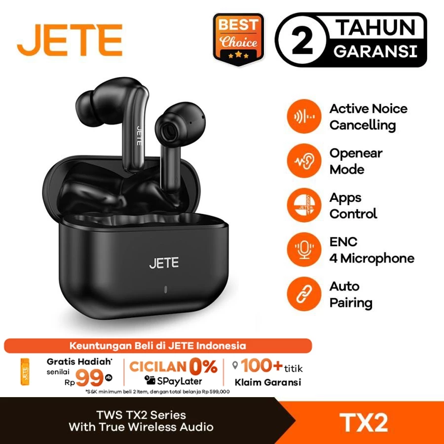 JETE TWS TX2 Active Noice Canceling IPX5 With ENC 4 Mic - Garansi 2 Tahun