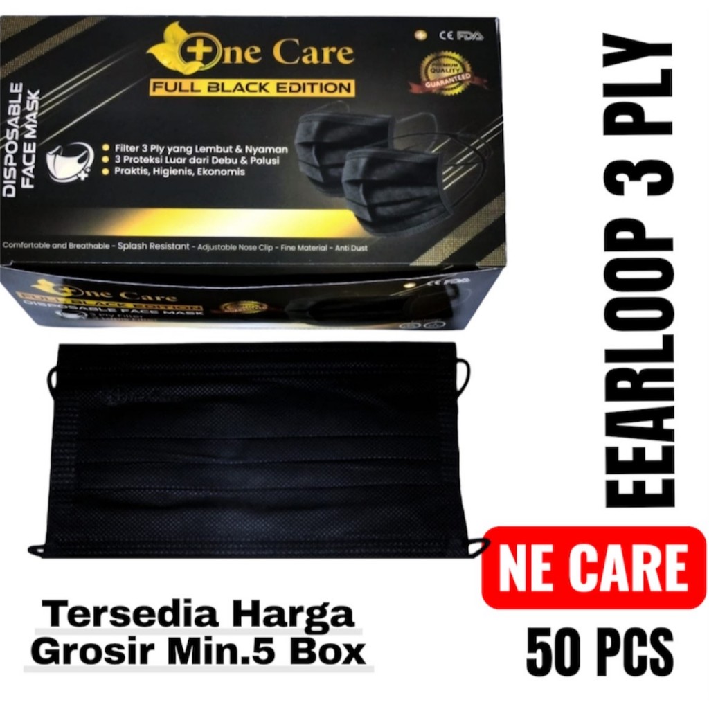 Jual Masker Earloop One Care Warna Hitam 3ply Isi 50 pcs | Shopee Indonesia