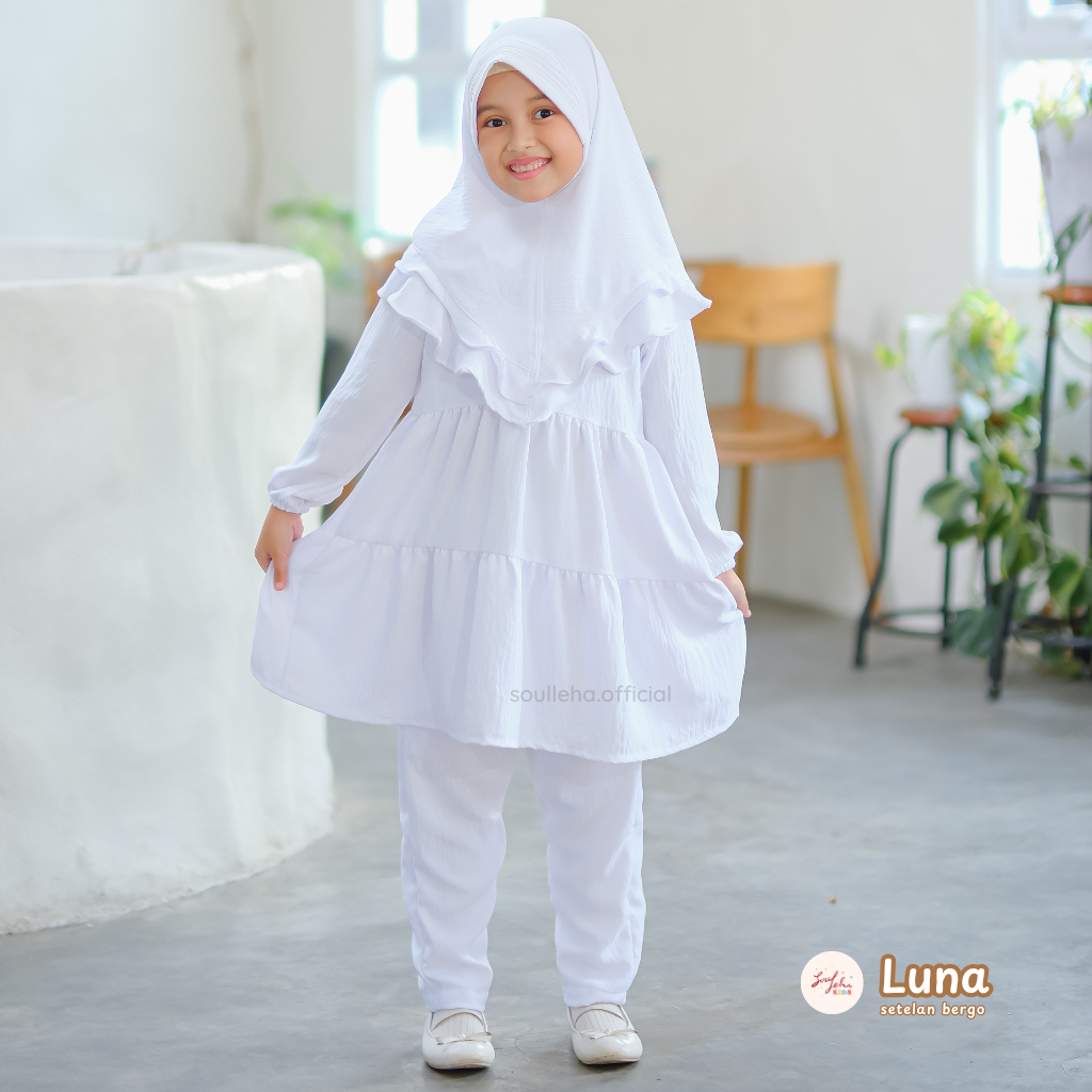 Soulleha Luna Setelan Baju Putih Manasik Haji Anak Perempuan Set Bergo 1-9 Tahun