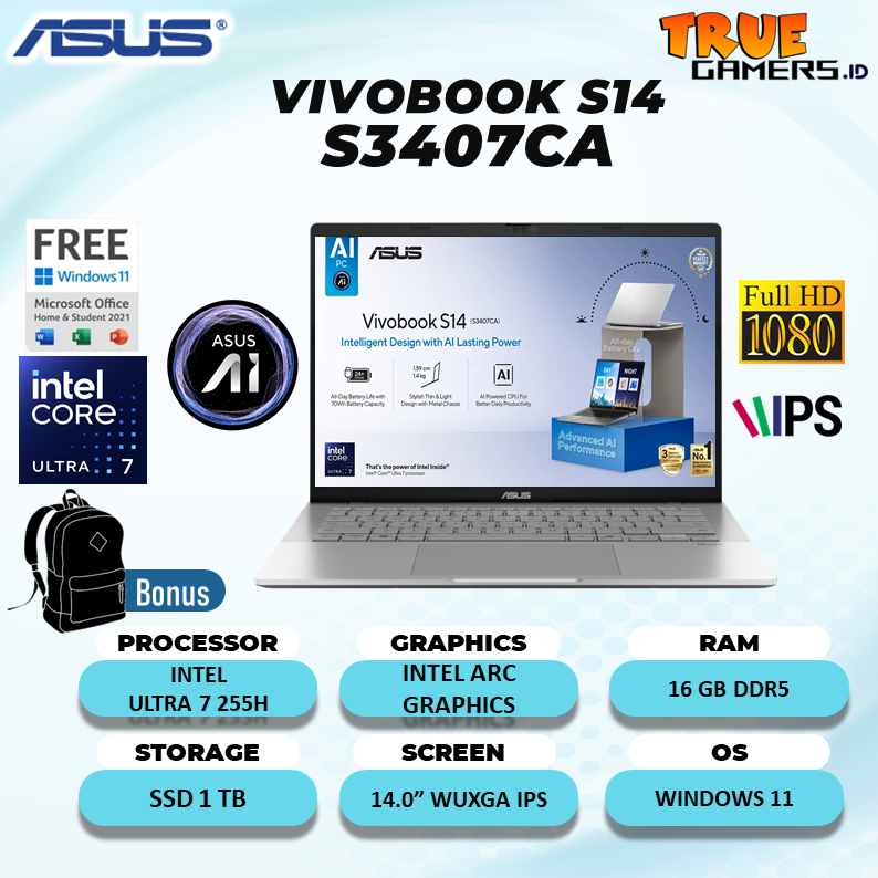 Jual Laptop Asus Vivobook S14 S3407CA ULTRA 7 255H 16GB 1TB W11+OHS ...