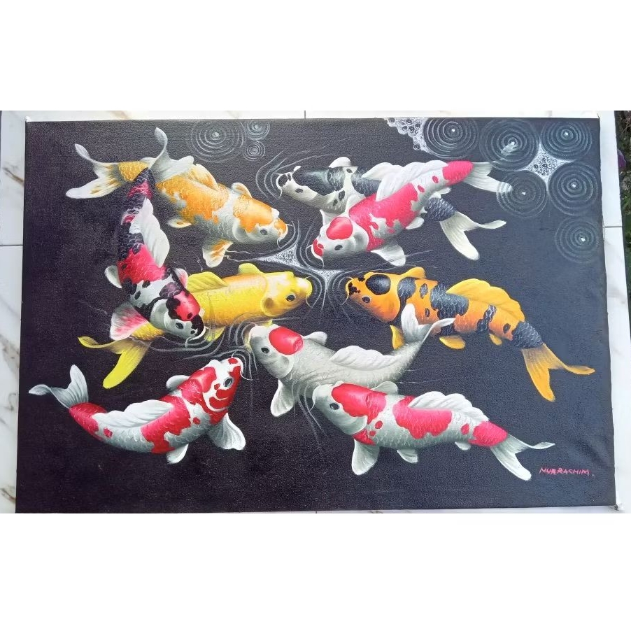 Jual Lukisan Kanvas Handmade! Ikan Koi 9 Ekor 90*60cm Background Gelap ...