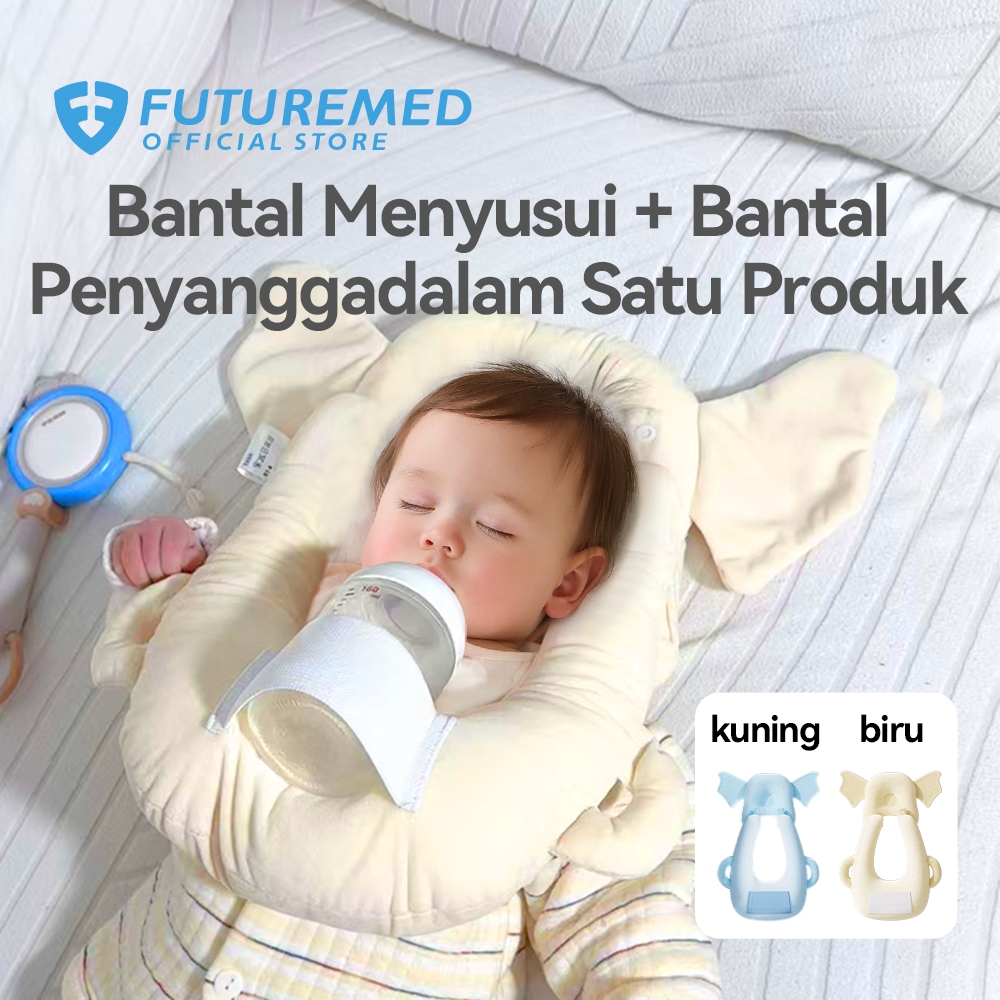 Produk bantal menyusui bayi Futuremed berwarna lembut dengan fitur penahan botol susu yang ergonomis