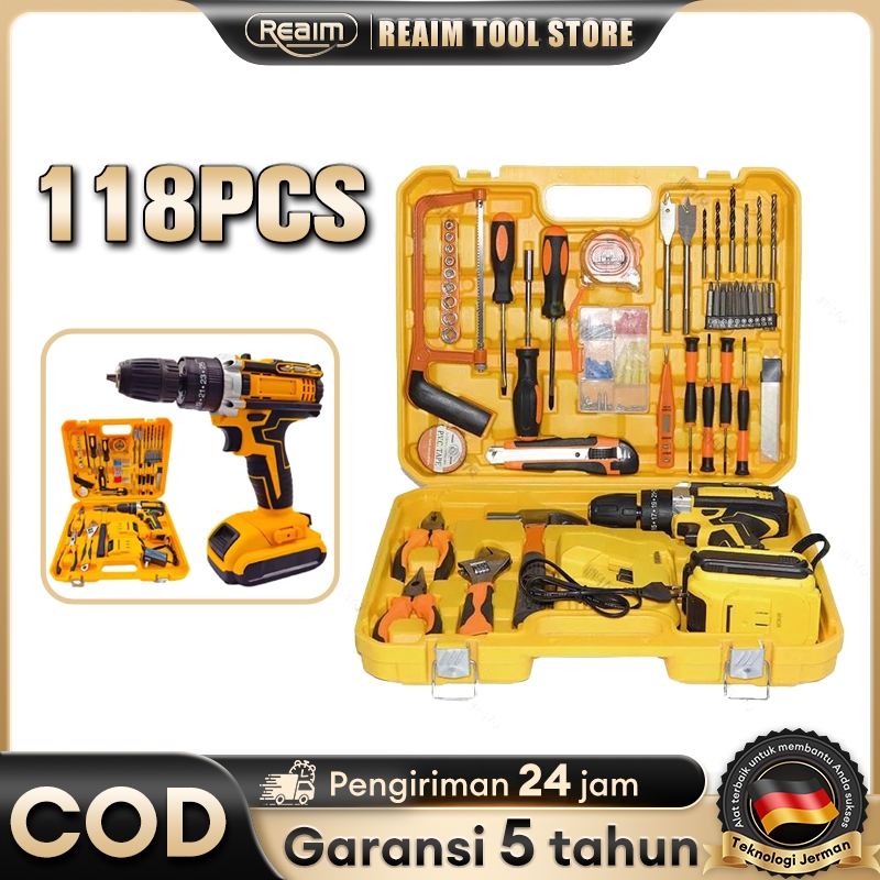 Jual Reaim Tool Set 118 Pcs Satu Set Alat Perkakas Bor Listrik Cordless ...