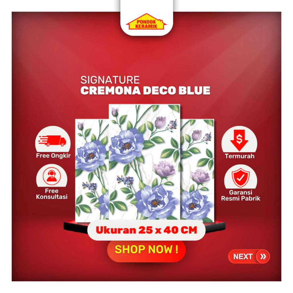 Keramik Dinding Signature 25x40 Cremona Deco Blue Glossy Marble Bunga - Bunga