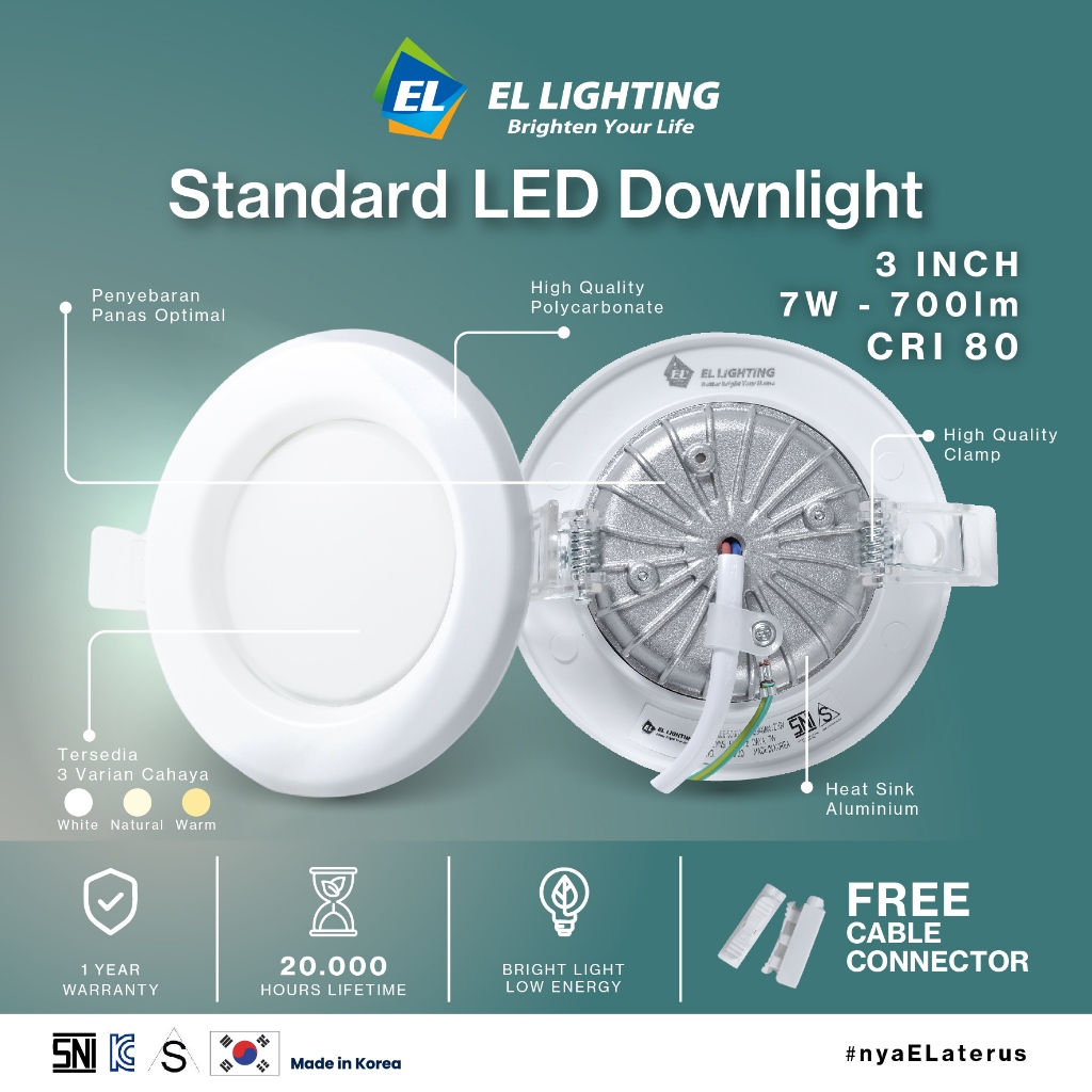 Jual EL Lighting- Lampu Plafon LED Downlight 7W 3 Inch Lumen 700 IP20 ...