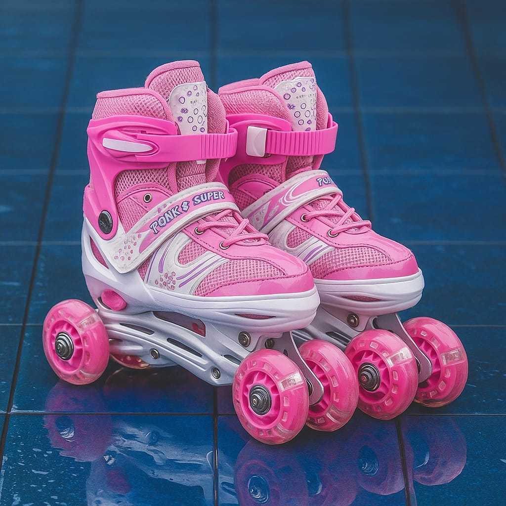 Sepatu Roda 4 Anak Perempuan Stabil LED, Fullset Aman
