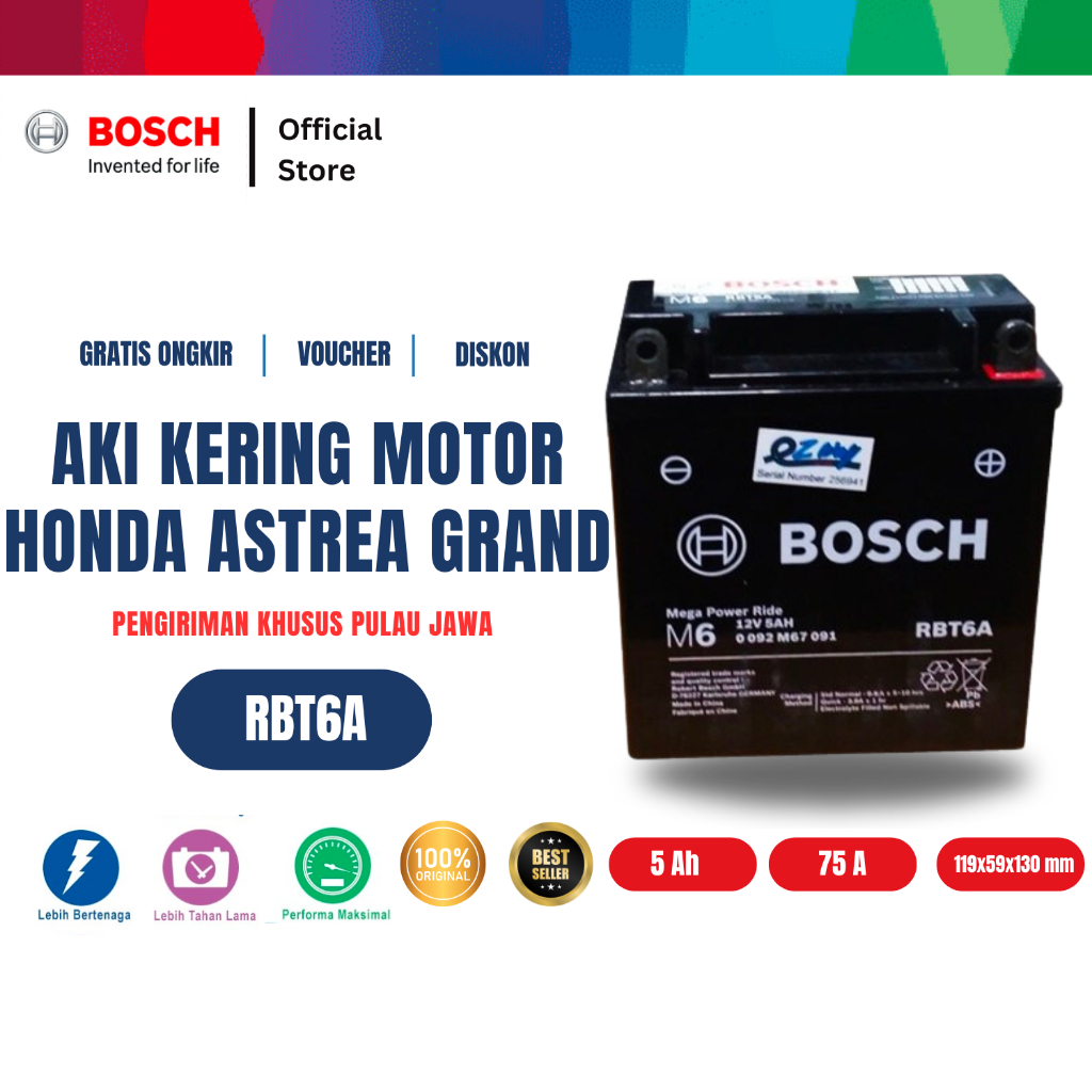 Bosch Aki Kering Motor Honda Astrea Grand - Maintenance Free - RBT6A
