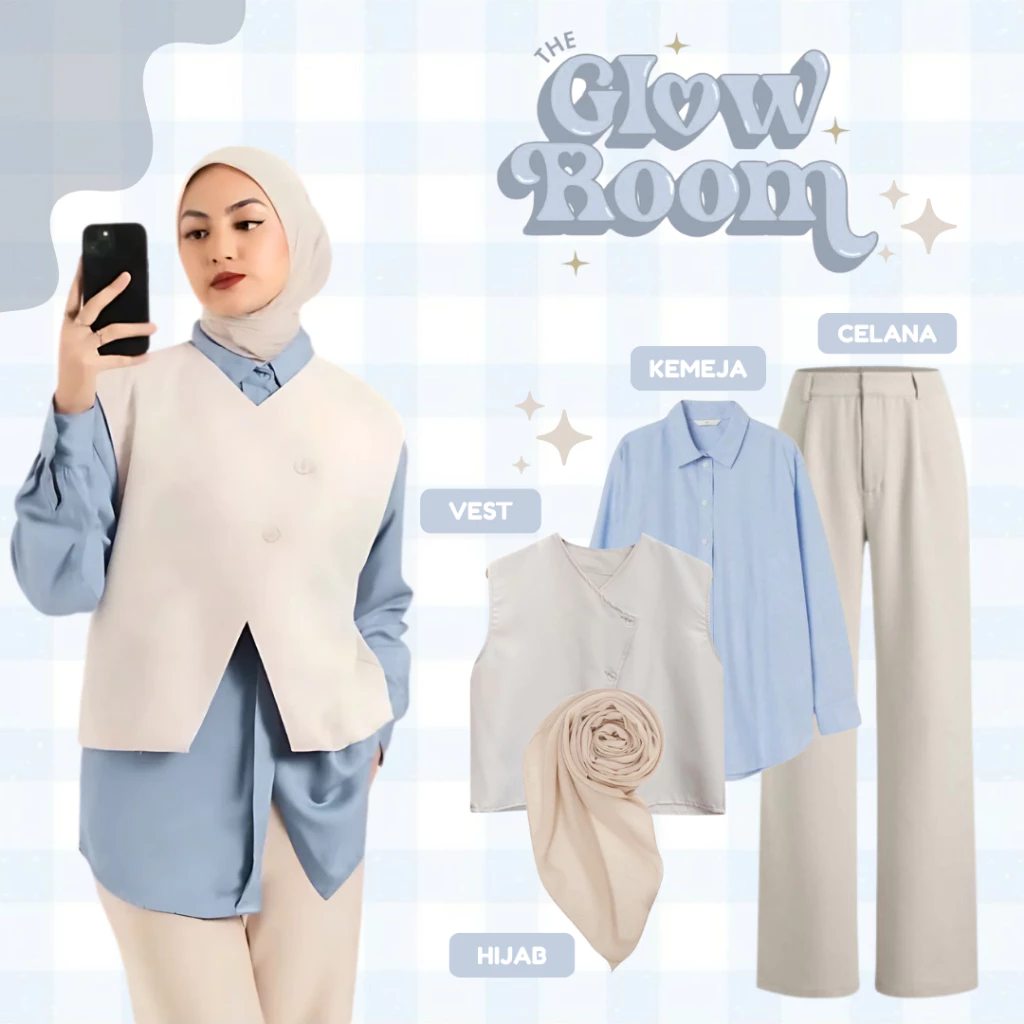 Outfit Wanita Kekinian Kemeja Vest Celana Hijab