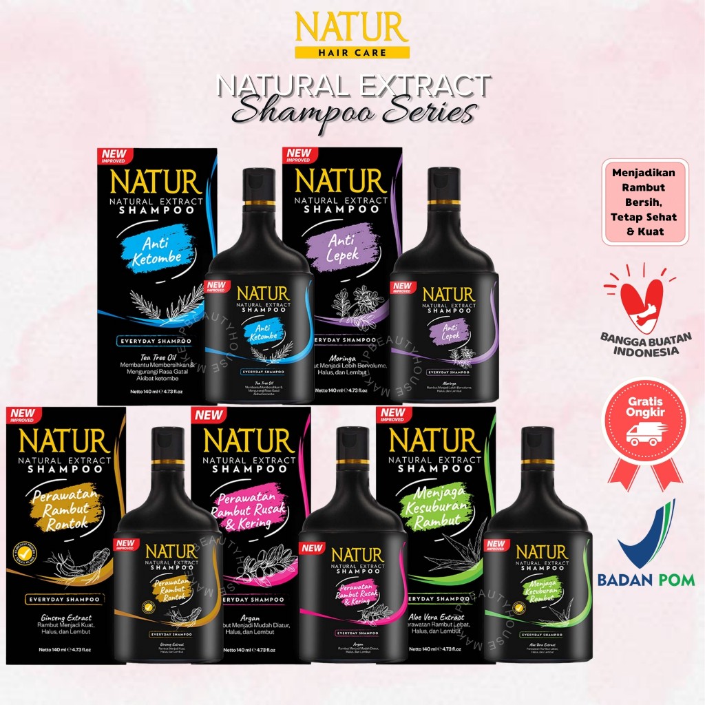 NATUR Hair Natural Extract Shampoo Ginseng | Aloe Vera | Tea Tree Oil | Argan Oil | Moringa Oleifera & Sweet Almond - 80ml / 140ml / 270ml