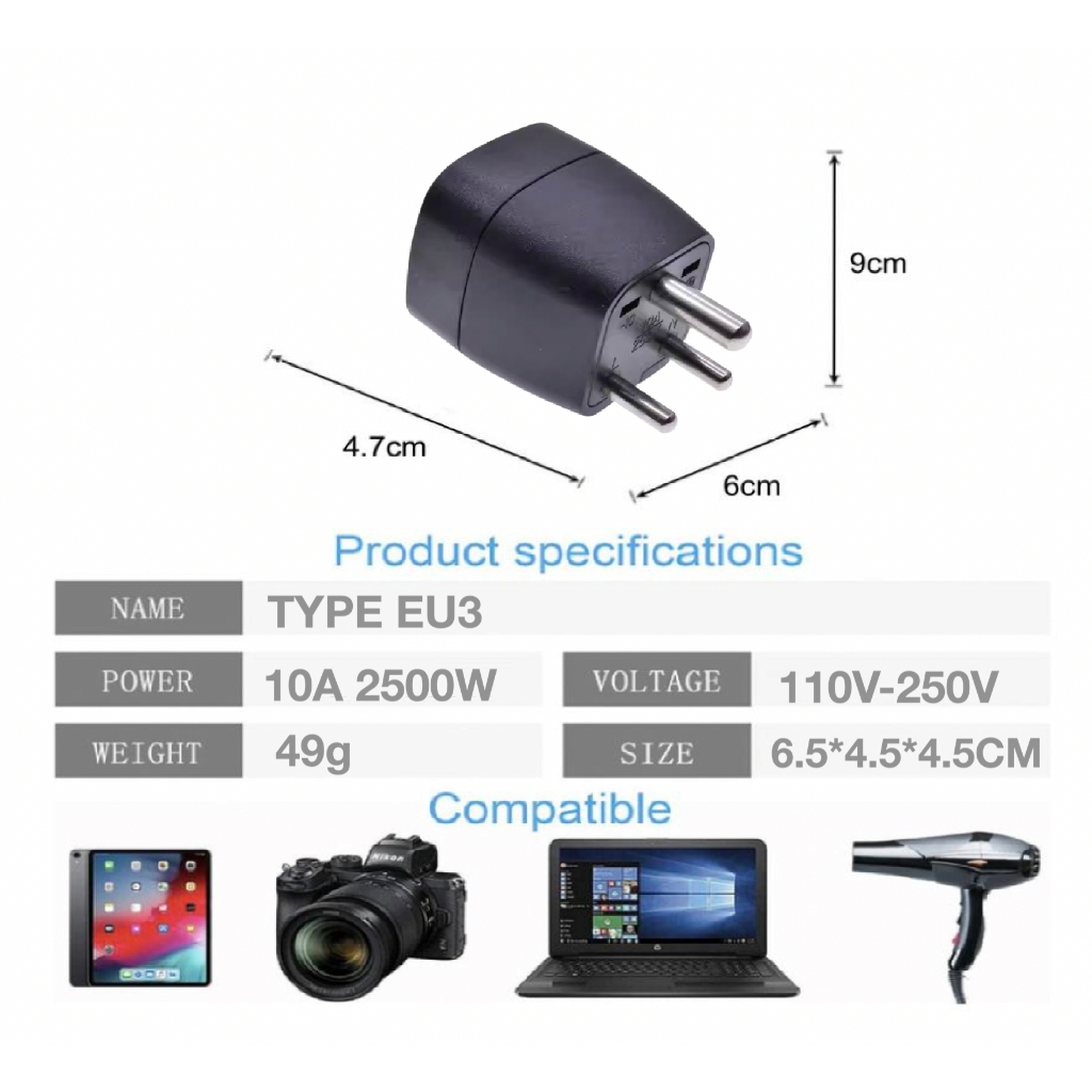 Jual Eu to Eu3 Plug Adapter Standard Socket Travel Converter India ...